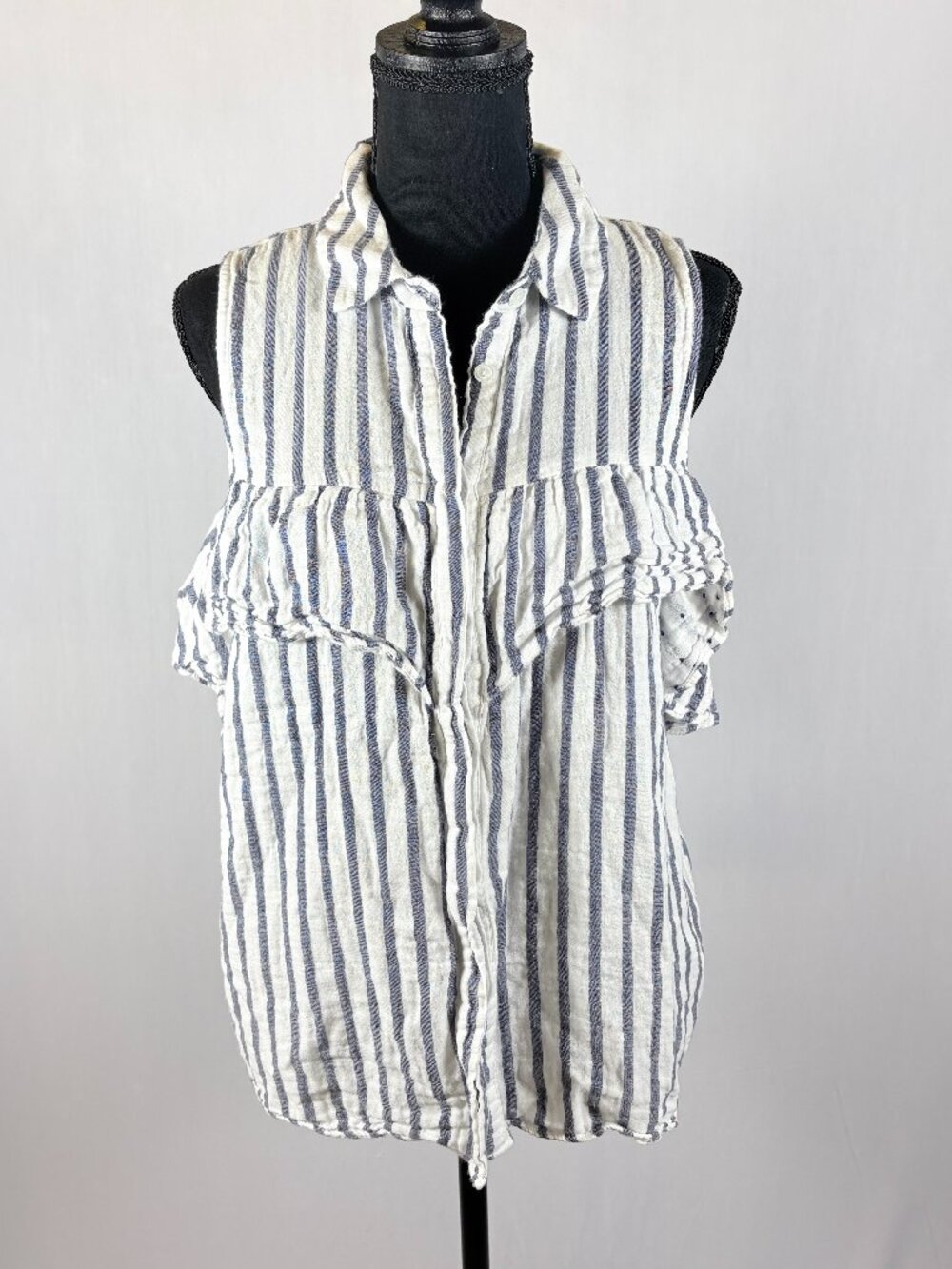 Bobeau | Striped Cotton Button Front Top | XL | White Blue Natural Fiber Sleevel